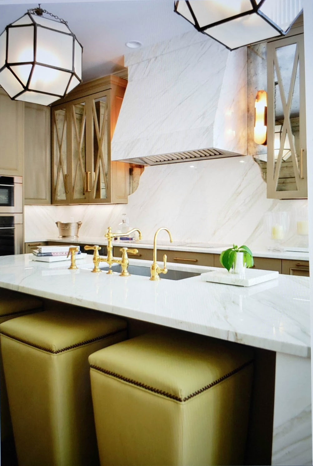 Kitchen with brass fixtures, honed marble counters, and mirrored cabinet doors — Forest Hills, Nashville